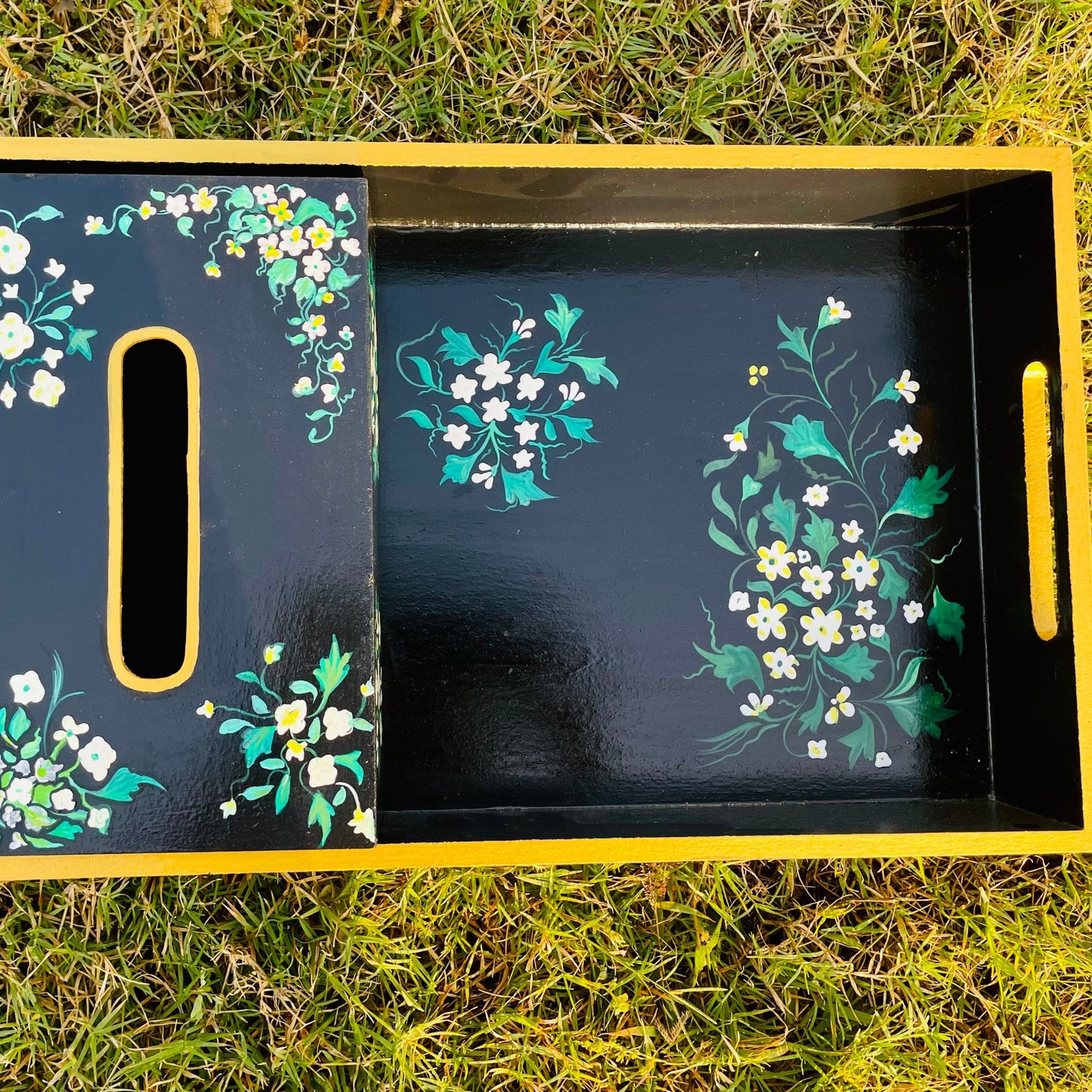 "BLACK FLOWER" HAND-PAINTED SERVING TRAY