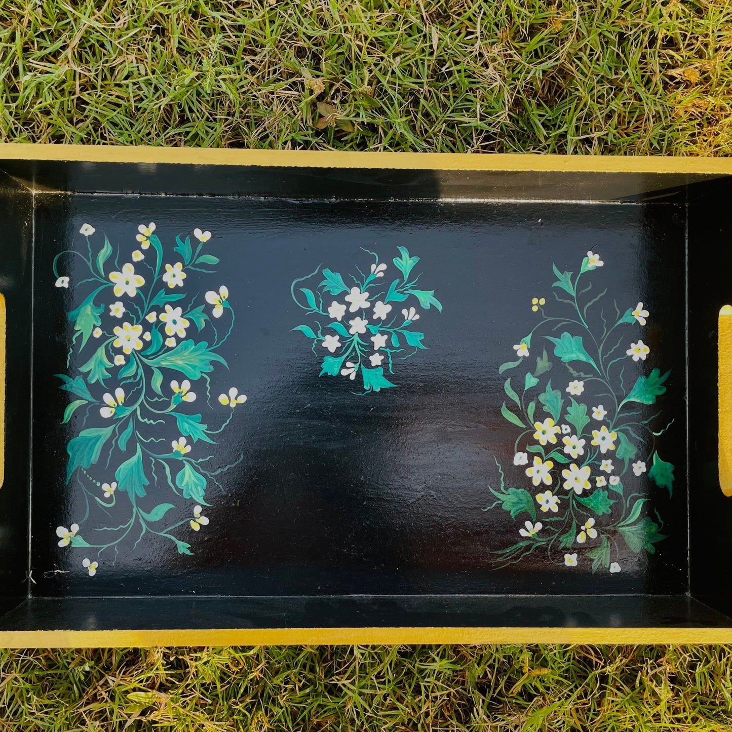 "BLACK FLOWER" HAND-PAINTED SERVING TRAY