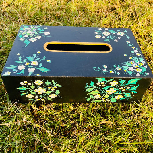 BLACK FLOWER HAND-PAINTED TISSUE BOX