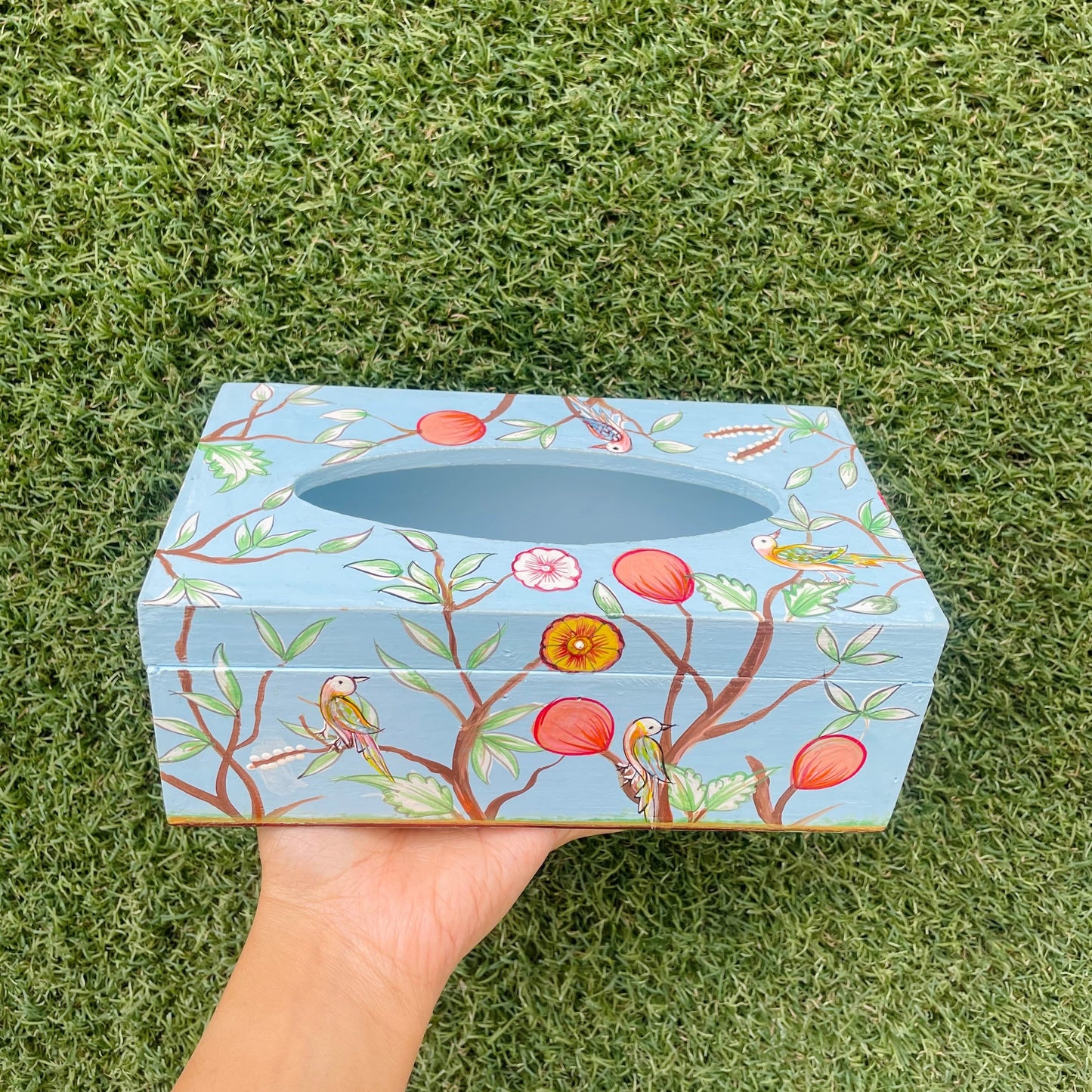 POWDER BLUE BIRD HAND-PAINTED TISSUE BOX