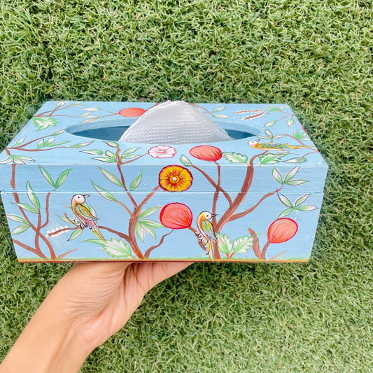 POWDER BLUE BIRD HAND-PAINTED TISSUE BOX