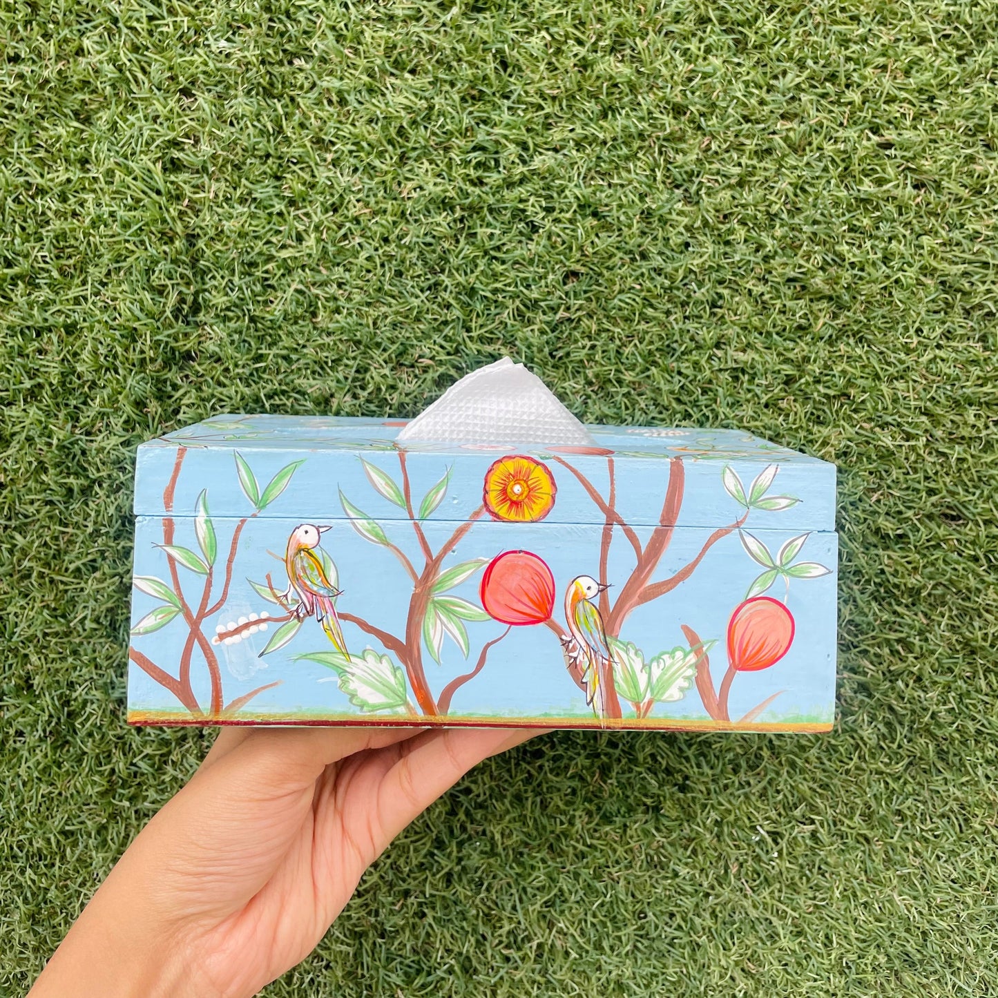 POWDER BLUE BIRD HAND-PAINTED TISSUE BOX