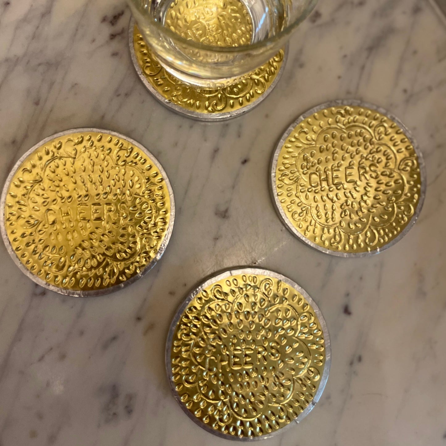 CHEERS HAND-BEATEN BRASS TEA COASTERS (SET OF 2)