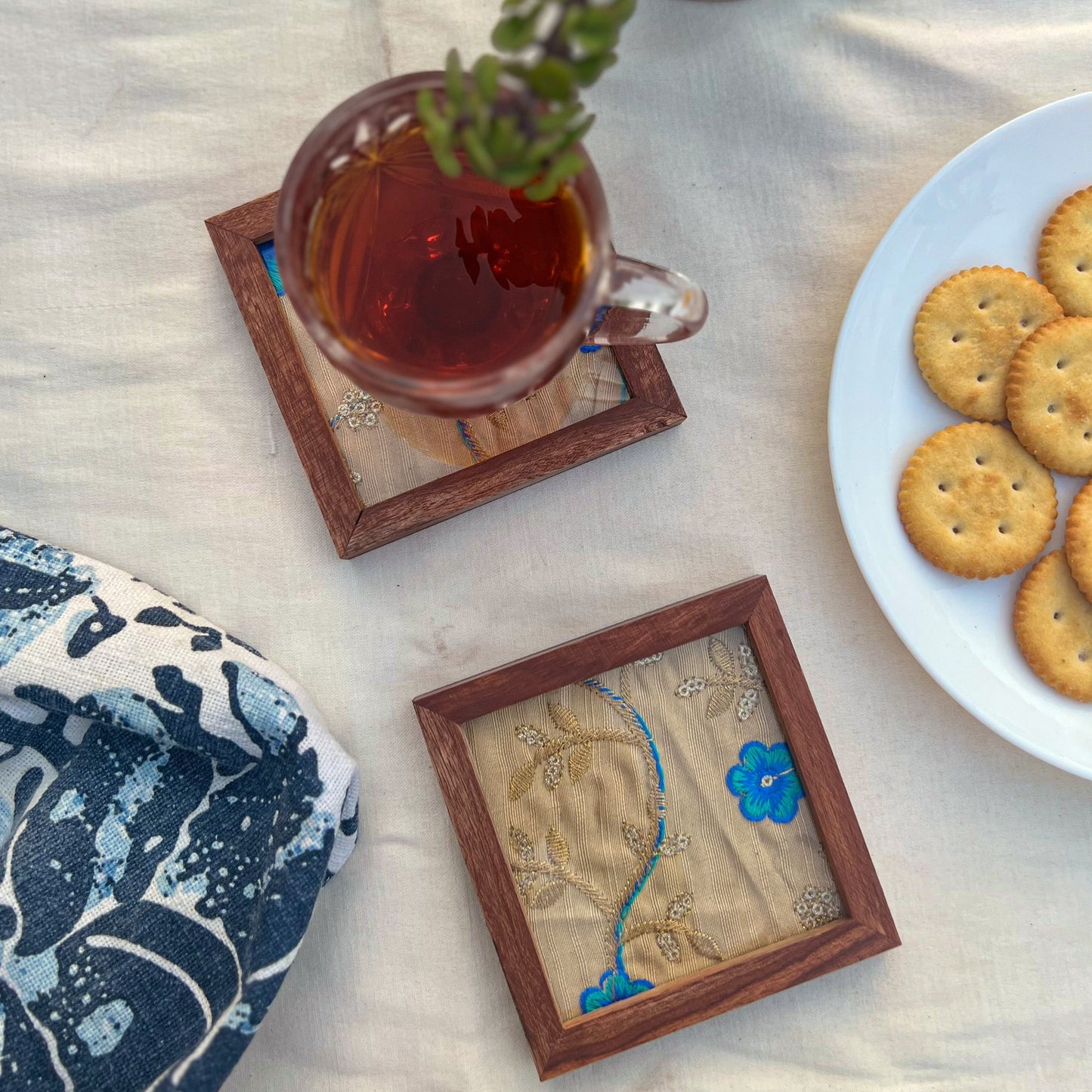 GOLDEN BLUE FLOWER EMBROIDERED TEA COASTERS(SET OF 2)