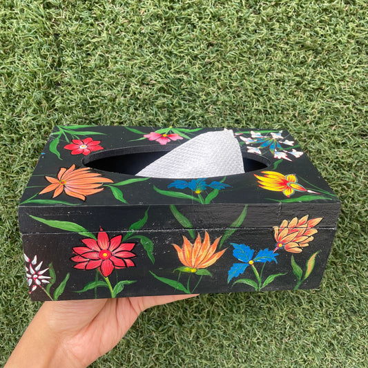 MULTI FLORA BLACK HAND-PAINTED TISSUE BOX