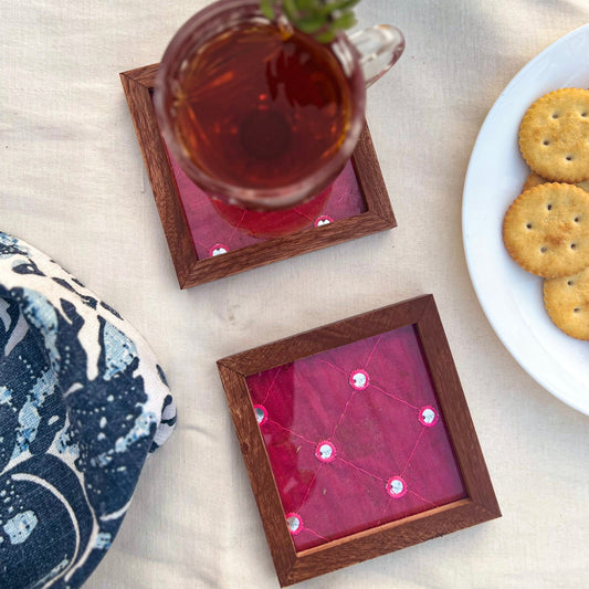 PINK MIRROR WORK TEA COASTERS(SET 0F 2)